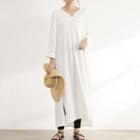 Long-sleeve Side-slit Plain Dress White - One Size
