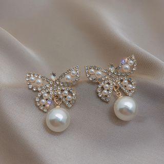 Rhinestone Faux Pearl Butterfly Drop Earring