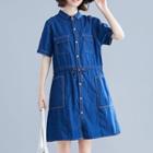 Short-sleeve Stitch Trim Denim Shirt Dress Denim Blue - One Size