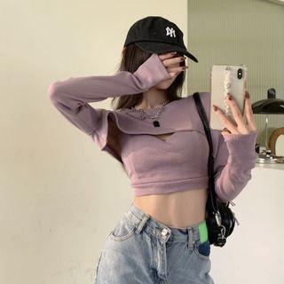 Plain Cropped Camisole + Long-sleeve Plain Shrug Top