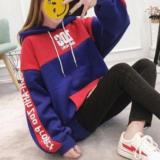Lettering Color Block Drawstring Hoodie