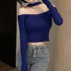 Long-sleeve Off-shoulder Cropped Knit Top Blue - One Size