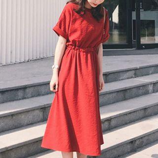 Elbow-sleeve Plain Waist Ruffled Midi Dress