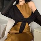 Sleeveless Satin Midi Sheath Dress / Cardigan