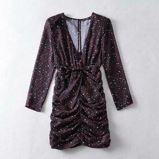 V-neck Heart Print Shirred Mini Bodycon Dress