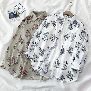 Long-sleeve Floral Print Shirt Almond - One Size