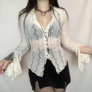 Bell-sleeve V-neck Lace Crop Cardigan