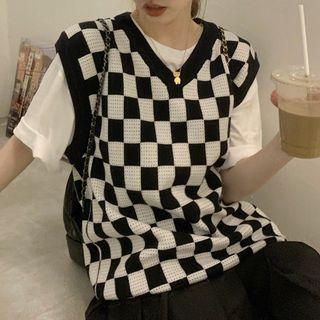V-neck Check Sweater Vest Check - Black & White - One Size