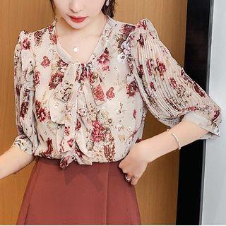 Floral Ruffle Trim Short-sleeve Tie-neck Blouse