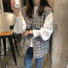 Lace Trim Long-sleeve Blouse / Patterned Button-up Vest