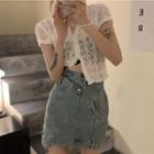 Short-sleeve Lace Cropped Blouse / Asymmetrical Hem Denim Mini Pencil Skirt