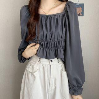 Long-sleeve Square-neck Ruched Cropped Blouse