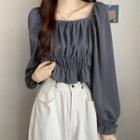Long-sleeve Square-neck Ruched Cropped Blouse