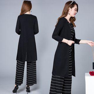 Set: Striped T-shirt + Wide-leg Pants + 3/4-sleeve Light Jacket