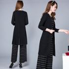 Set: Striped T-shirt + Wide-leg Pants + 3/4-sleeve Light Jacket
