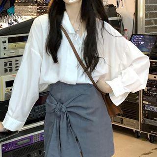 Plain Shirt / Knotted Asymmetrical Mini Skirt