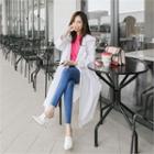 Wide-lapel Fray-hem Long Jacket With Sash