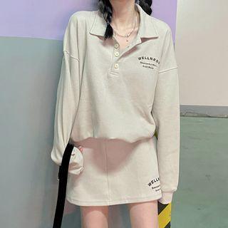 Set : Polo Collar Oversize Long-sleeve Sweatshirt + High-waist Shift Semi Skirt Gray - One Size