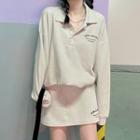Set : Polo Collar Oversize Long-sleeve Sweatshirt + High-waist Shift Semi Skirt Gray - One Size
