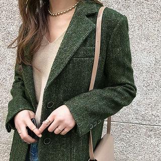 Patch-pocket Herringbone Wool Blend Blazer