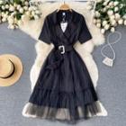 Elbow-sleeve Mesh Panel Pinstriped Midi A-line Blazer Dress