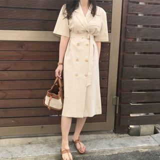 Short-sleeve Double Breasted Midi A-line Dress Beige - One Size