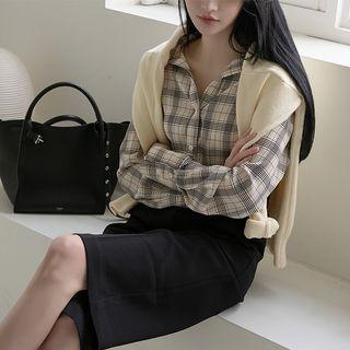 Open-back Plaid Shirt Beige - One Size
