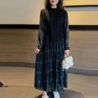 Long-sleeve Mock Two-piece Plaid Midi Dress