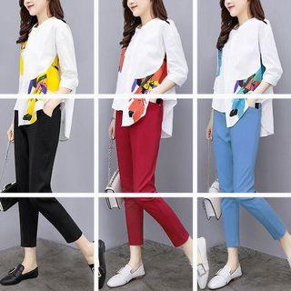 Set: 3/4-sleeve Pattern Paneled Top + Cropped Dress Pants