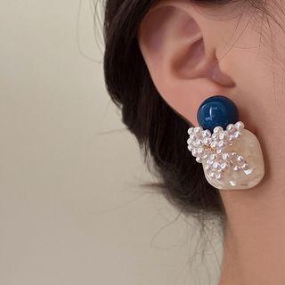 Faux Pearl Stud Earring 1 Pair - White & Aqua Blue - One Size