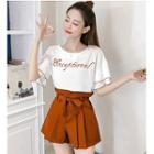 Set: Elbow-sleeve Lettering Top + Wide-leg Shorts
