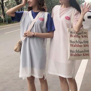 Set: Sleeveless Mesh Dress + Short-sleeve T-shirt Dress