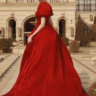 Short-sleeve Square-neck A-line Gown