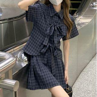 Short-sleeve Plaid Bow Shirt / A-line Skirt