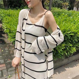 Set: Spaghetti-strap Striped Knit Dress + Striped Cardigan As Shown In Figure - One Size