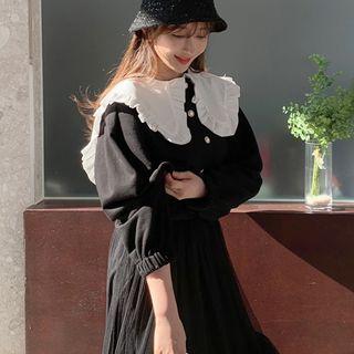 Wide-collar Frilled Faux-pearl Cardigan