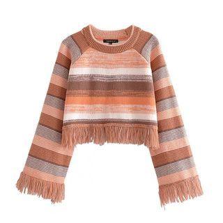 Striped Fringed Trim Cropped Sweater