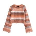 Striped Fringed Trim Cropped Sweater