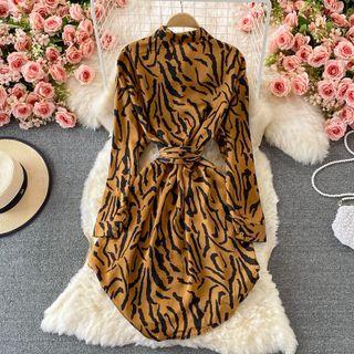 Print Belted Midi A-line Shirtdress