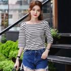 Square-neck 3/4-sleeve Striped T-shirt