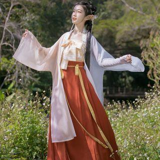 Set: Plaid Camisole Top + Two-tone Hanfu Top + Maxi A-line Skirt
