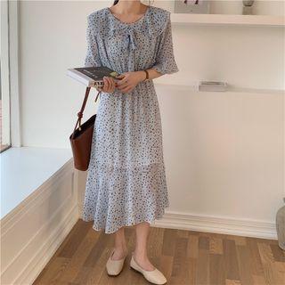 Elbow Sleeve Layered Peter Pan Collar Floral Print Chiffon Dress