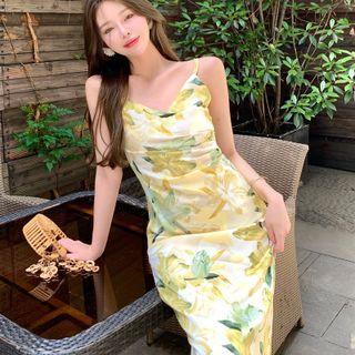 Spaghetti Strap Floral Print A-line Dress Flowers - Yellow - One Size