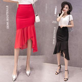 Midi Ruffle Trim Sheath Skirt