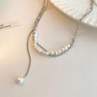 Faux Pearl Pendant Stainless Steel Necklace Silver & White - One Size