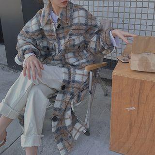 Plaid Tweed Button-up Long Coat Plaid - Khaki & Almond - One Size