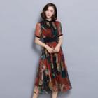 Floral Print Short-sleeve Silk Dress