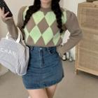 Round Neck Argyle Cropped Sweater