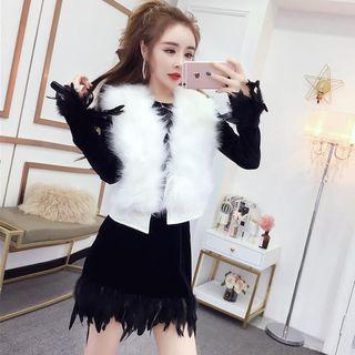 Long-sleeve Velvet Mini A-line Dress / Open Front Furry Vest / Set