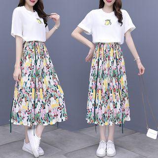 Set: Floral Midi A-line Skirt + Short-sleeve T-shirt